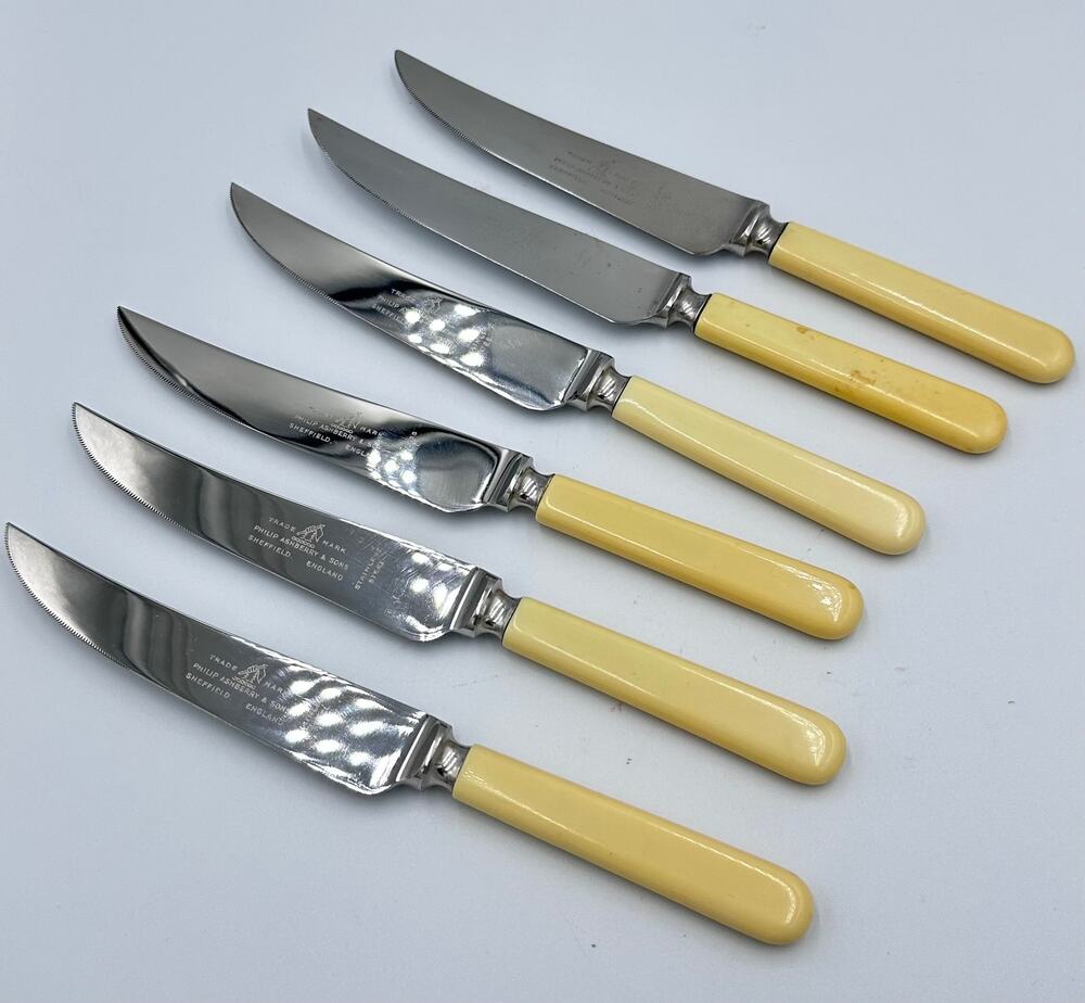Vintage Philip Ashberry & Sons Sheffield England Celluloid 6pc Dinner Knife Set